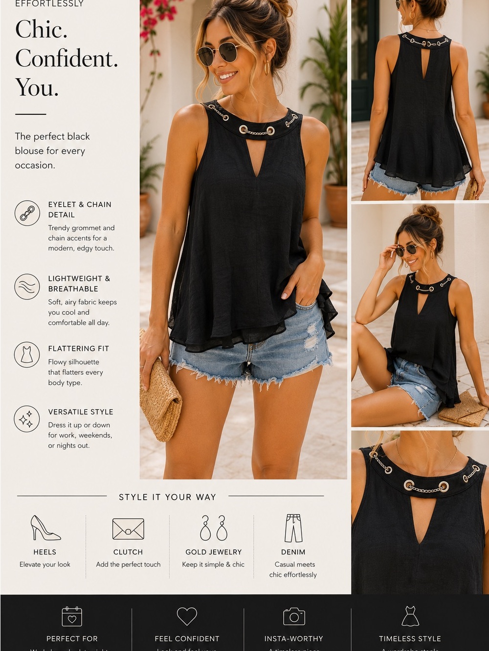 Chic Eyelet Chain Black Sleeveless Blouse XL